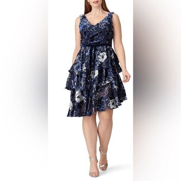 RTR sz 16 Marchesa Notte Velvet Tiered Cocktail Dress Navy Silver asymmetrical - Picture 1 of 10